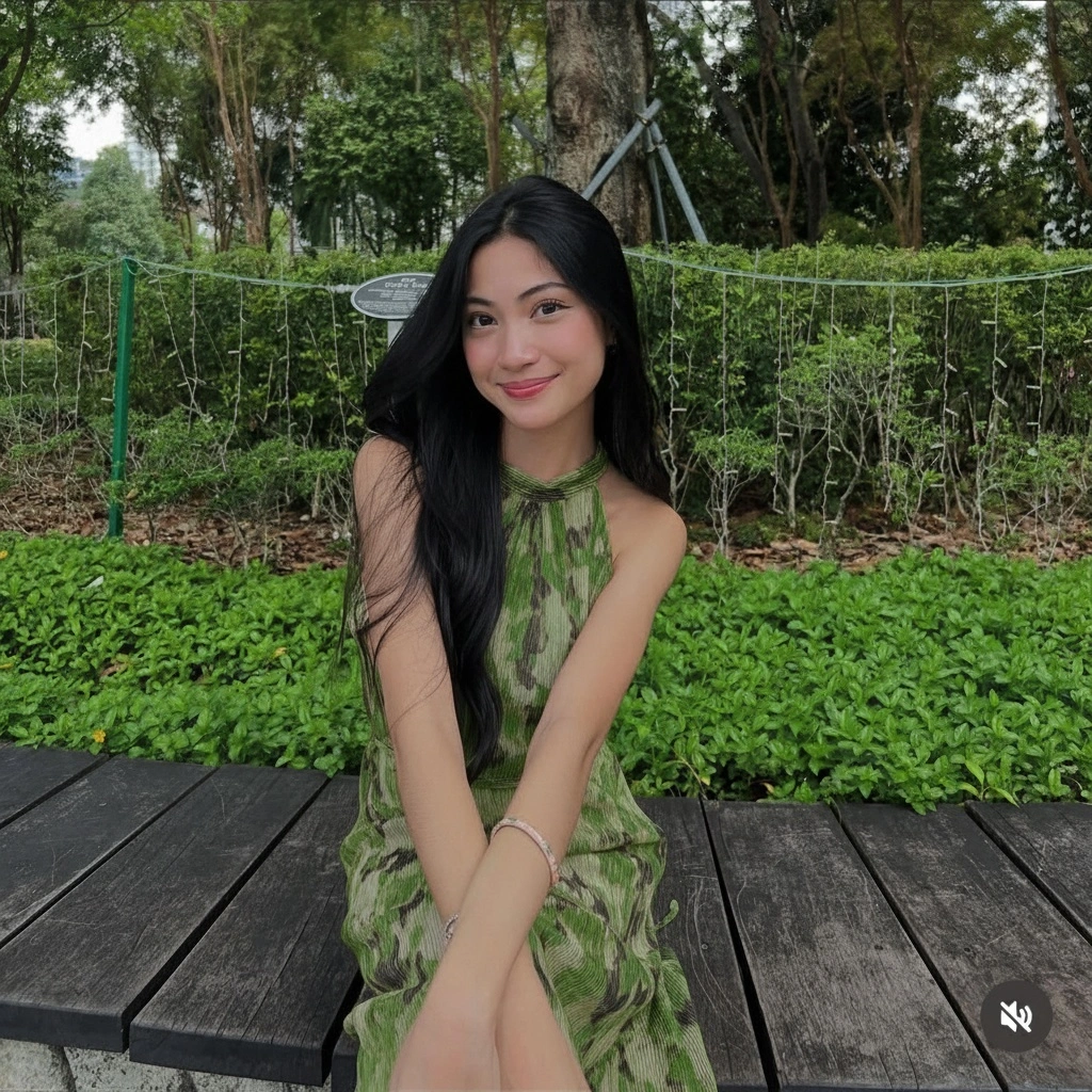 Elegant woman in flowing green dress with natural lighting