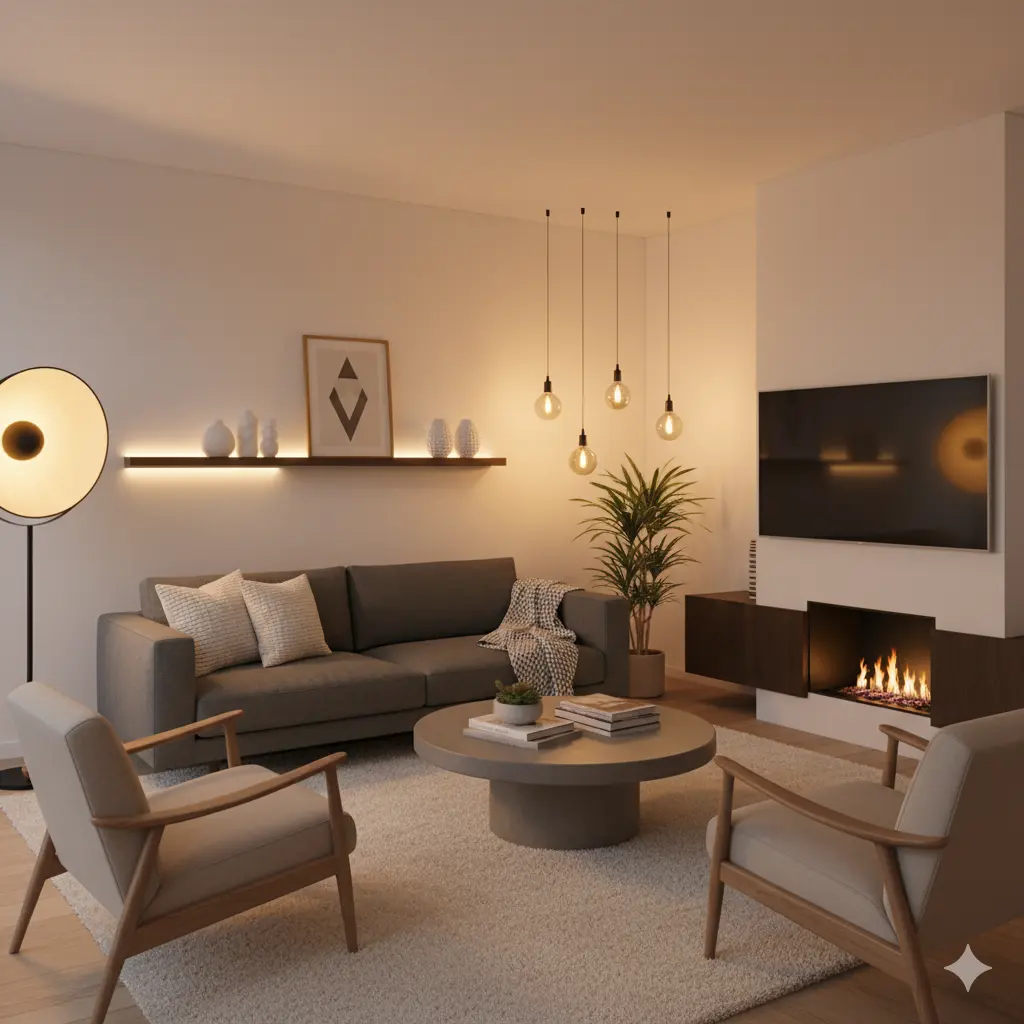 Decorate living room with modern furniture and warm lighting