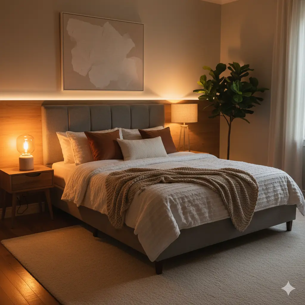Cozy bedroom with warm lighting and stylish decor