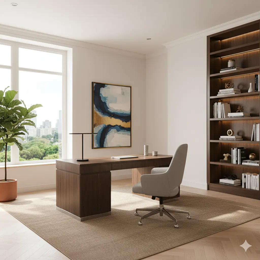 Elegant home office with stylish furniture and natural light