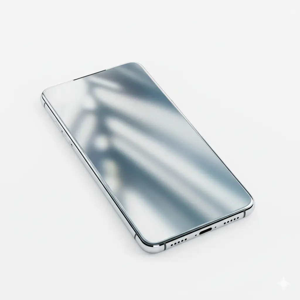 Sleek modern smartphone with reflective surface on white background